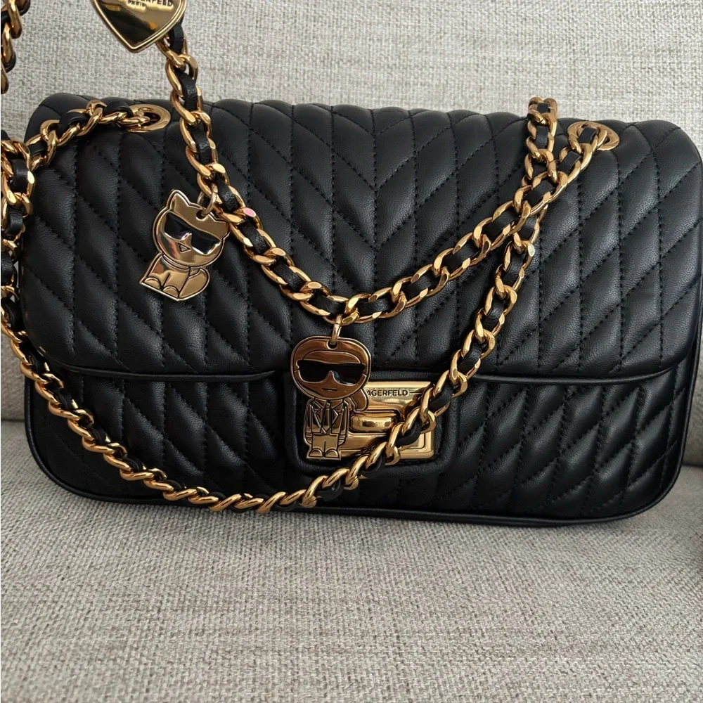 Karl Lagerfeld Black Quilted Chain Shoulder Bag - Picture 2 of 9